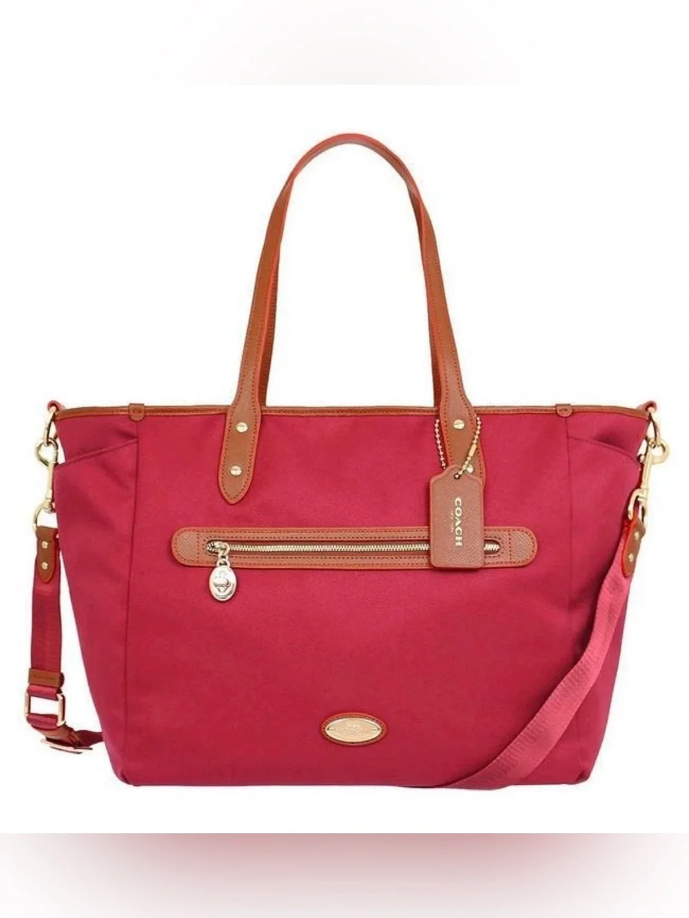 Coach Red Canvas Tote with Brown Leather Trim